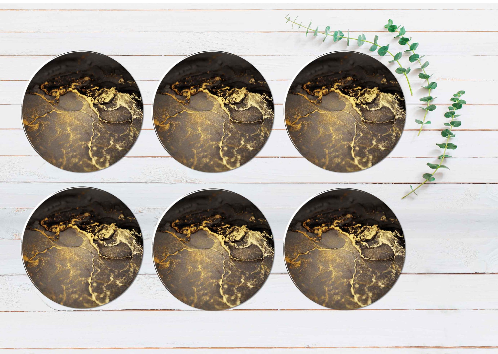 Black Gold Splash Marble Abstract Coasters Wood & Rubber - Set of 6 Coasters