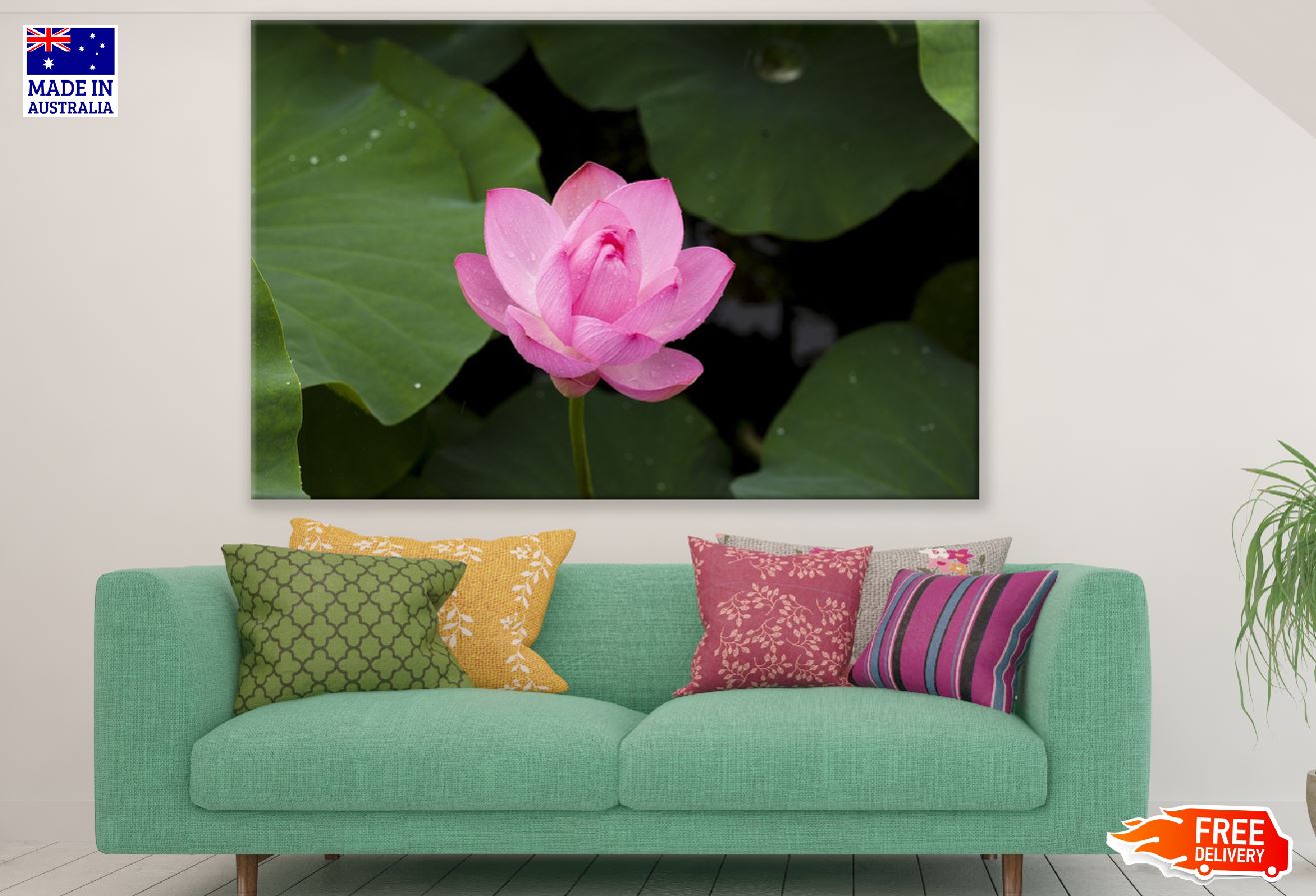 Pink Lotus Flower with Leaves Photograph Print 100% Australian Made