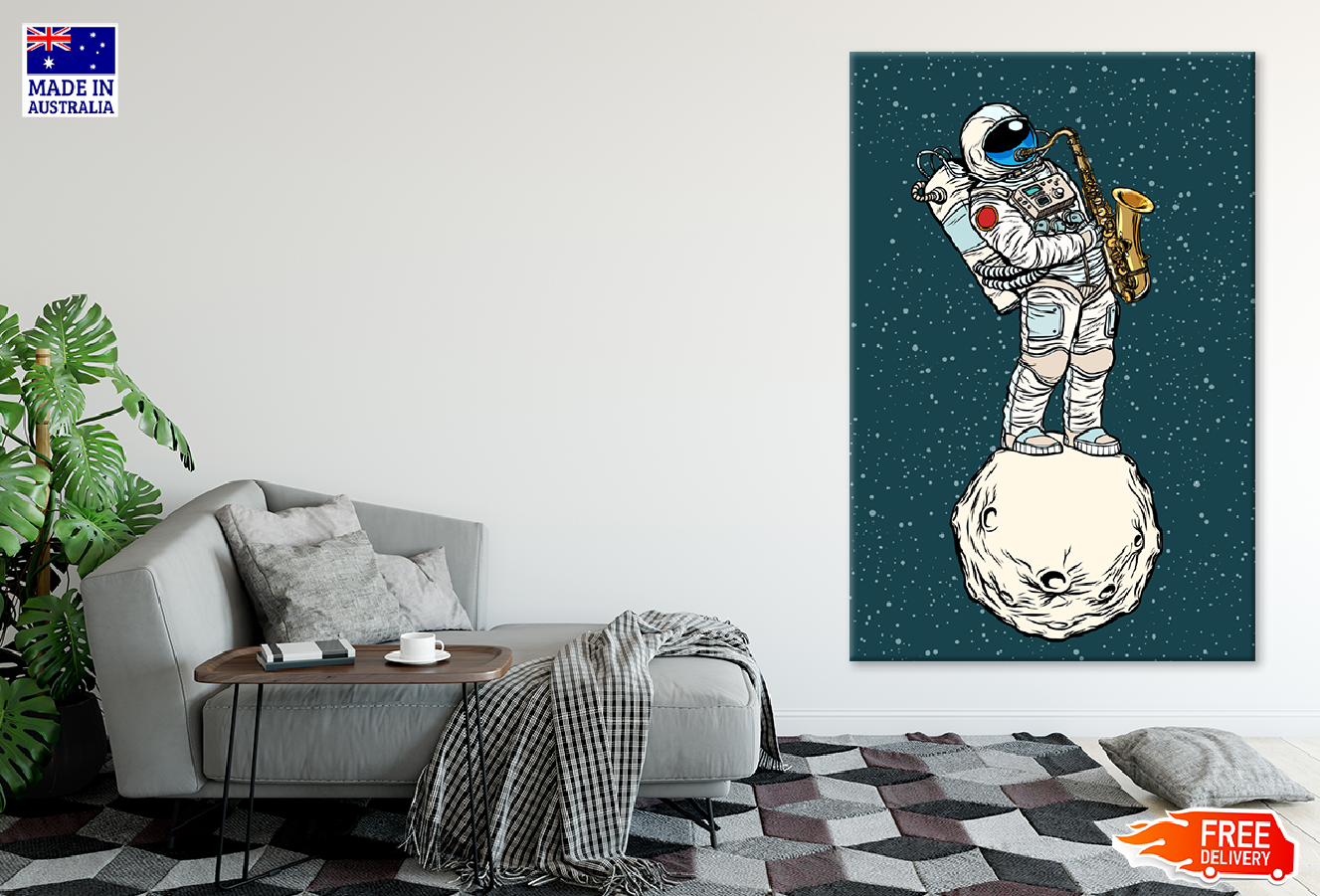 Astronaut Standing on a Planet Playing Saxophone Illustration Print 100% Australian Made
