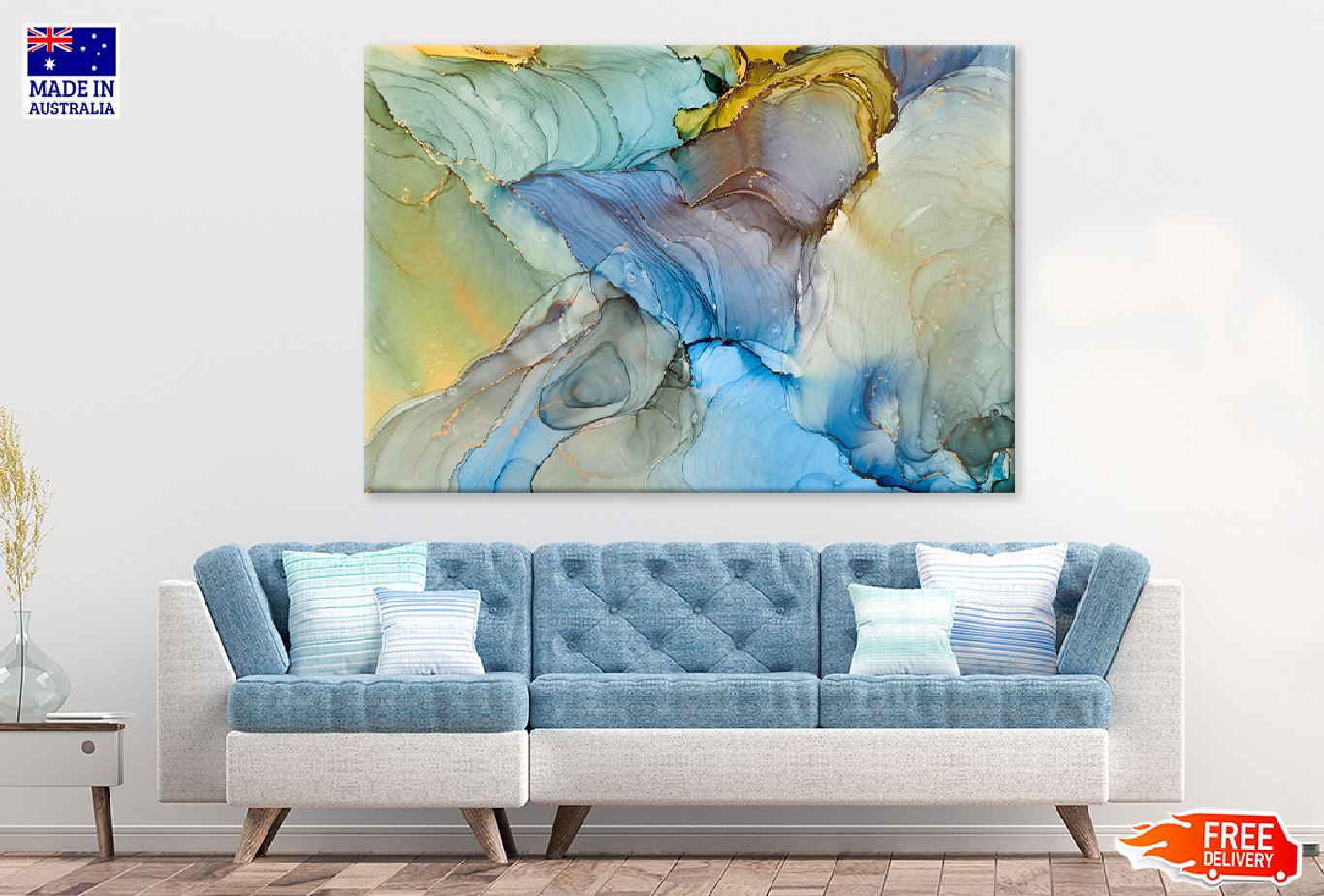 Blue Grey & Gold Abstract Design Print 100% Australian Made