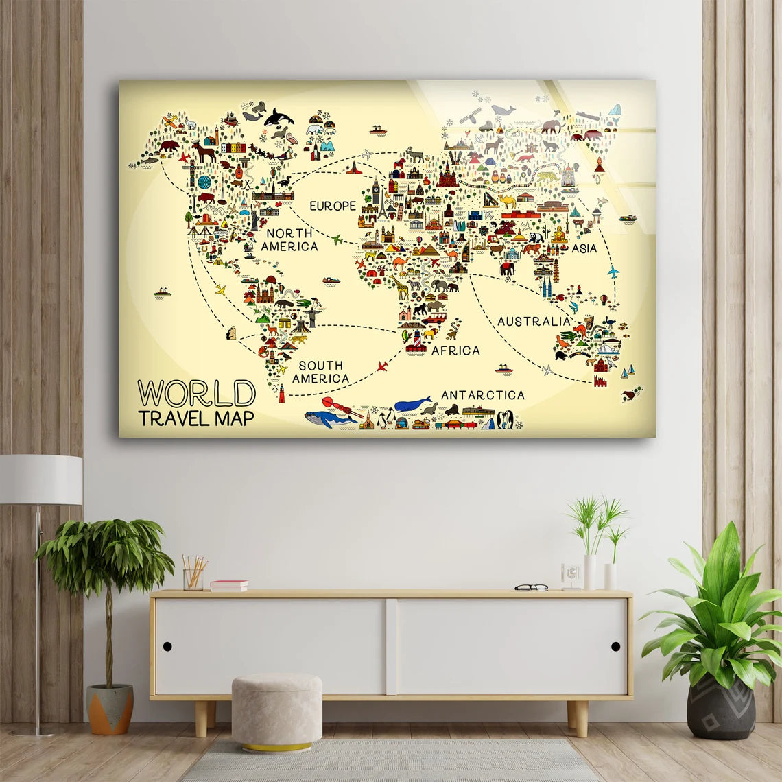 Travel World Map With Icons Design Acrylic Glass Print Tempered Glass Wall Art 100% Made in Australia Ready to Hang