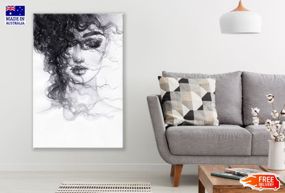 Girl Hair Waving by Wind B&W Watercolor Painting Print 100% Australian Made