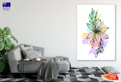 Colorful Flower With Leaves Line Art Design Print 100% Australian Made