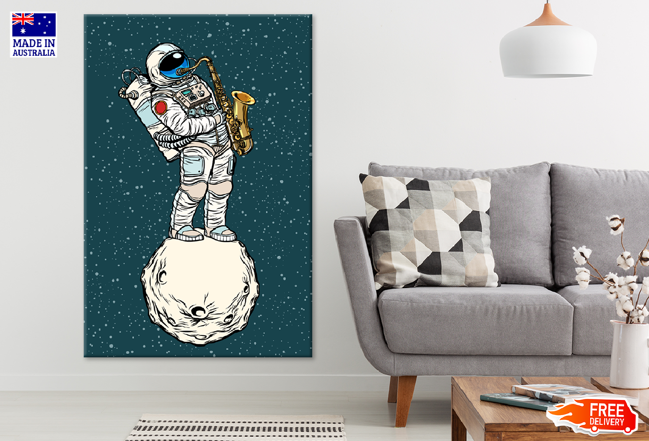 Astronaut Standing on a Planet Playing Saxophone Illustration Print 100% Australian Made