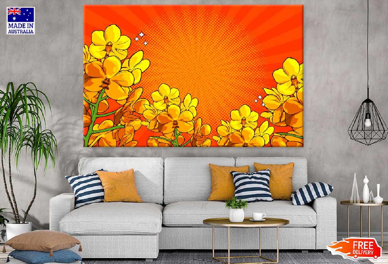 Yellow Flowers & Orange Bacground Vector Print 100% Australian Made