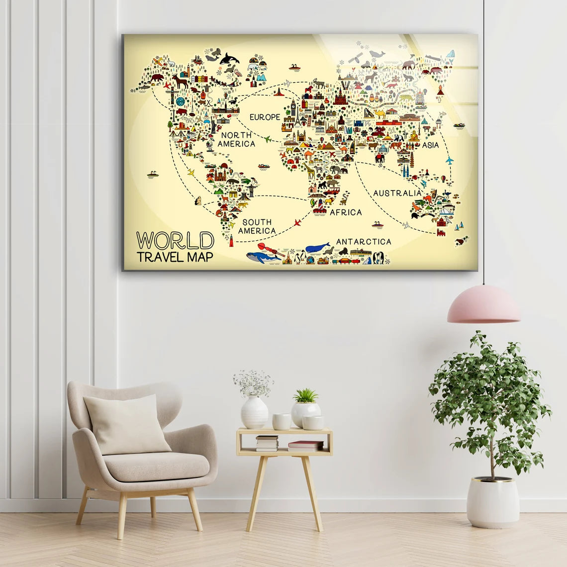 Travel World Map With Icons Design Acrylic Glass Print Tempered Glass Wall Art 100% Made in Australia Ready to Hang