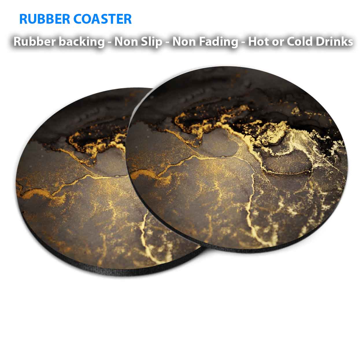 Black Gold Splash Marble Abstract Coasters Wood & Rubber - Set of 6 Coasters