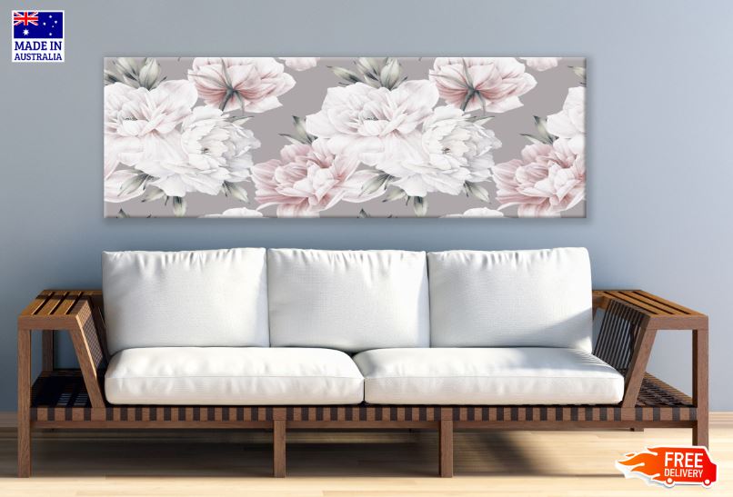 Panoramic Canvas White & Pink Flowers Watercolor Painting High Quality 100% Australian Made Wall Canvas Print Ready to Hang