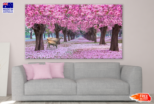 Rows of Beautiful Pink Flowers Trees With 2 Deers Print 100% Australian Made