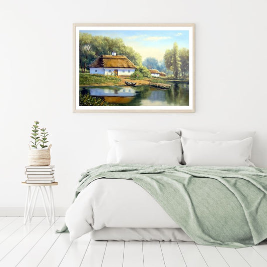 Village House & River Watercolor Home Decor Premium Quality Poster Print Choose Your Sizes