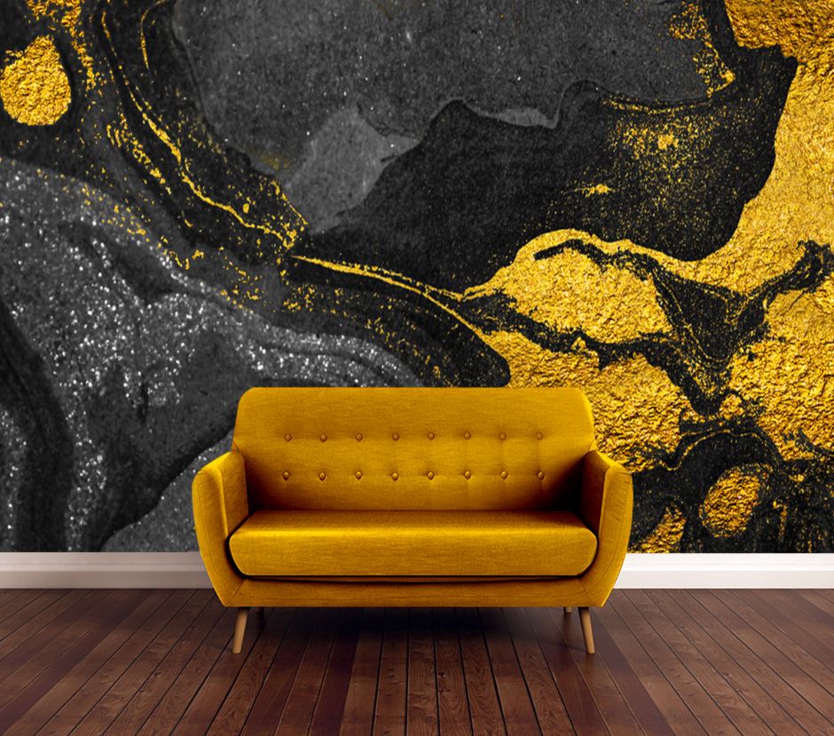 Wallpaper Murals Peel and Stick Removable Gold & Black Granite Abstract Design High Quality