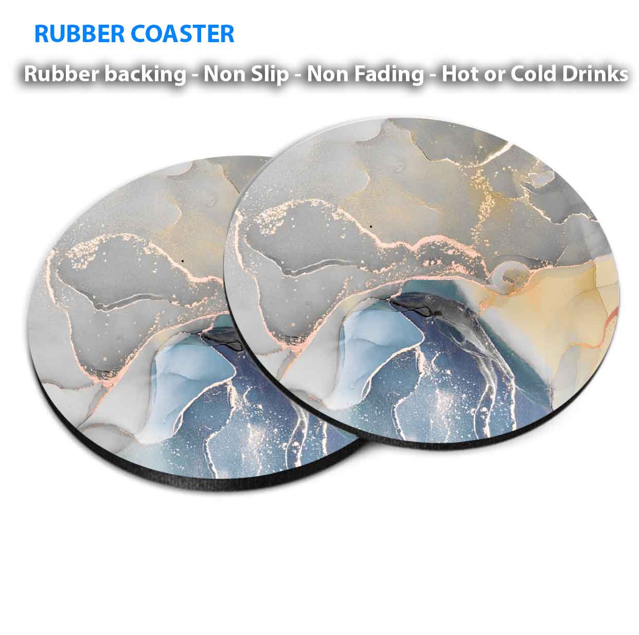 Grey Blue Gold Lines Abstract Design Coasters Wood & Rubber - Set of 6 Coasters