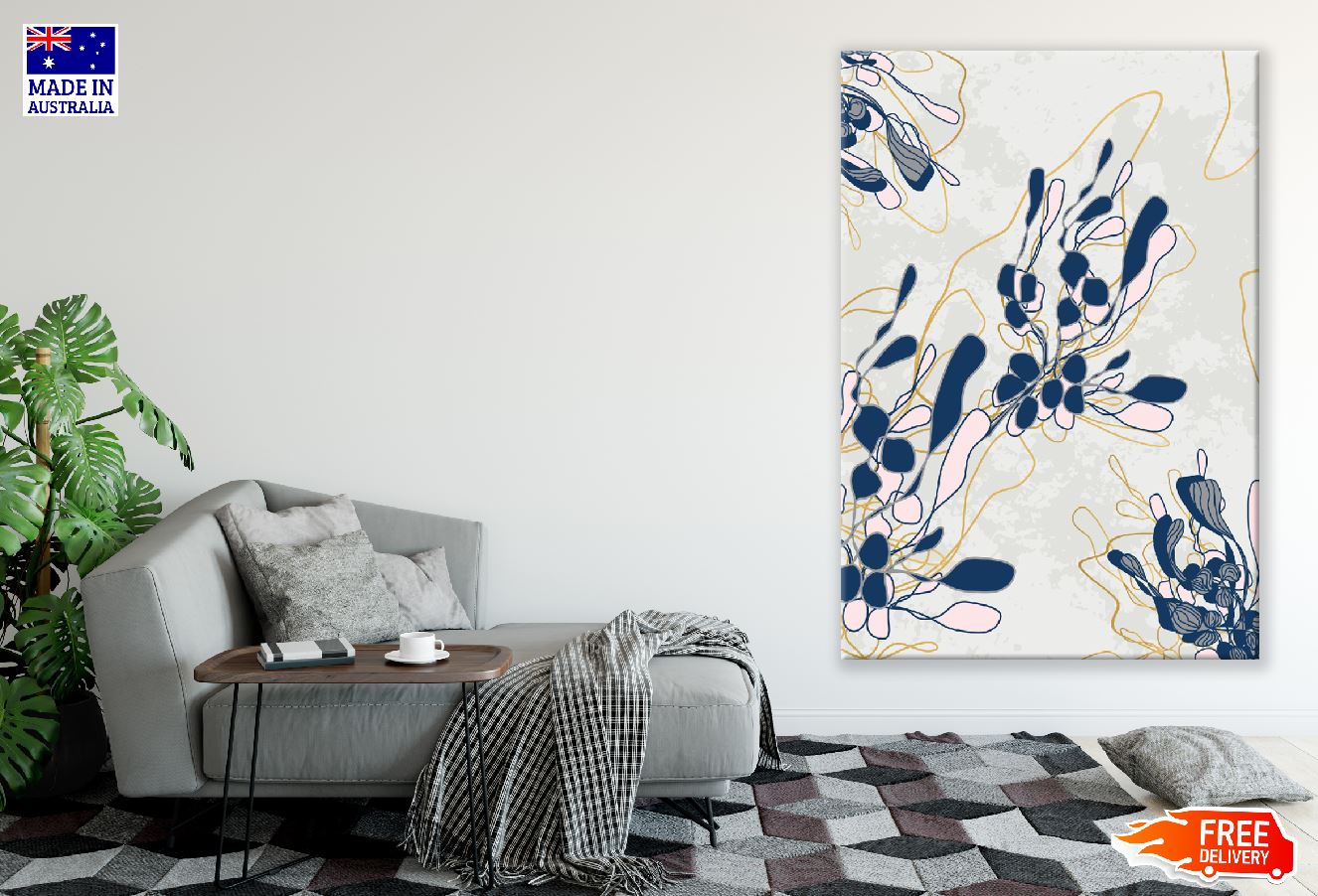 Blue Leaves Abstract Line Art Design Print 100% Australian Made