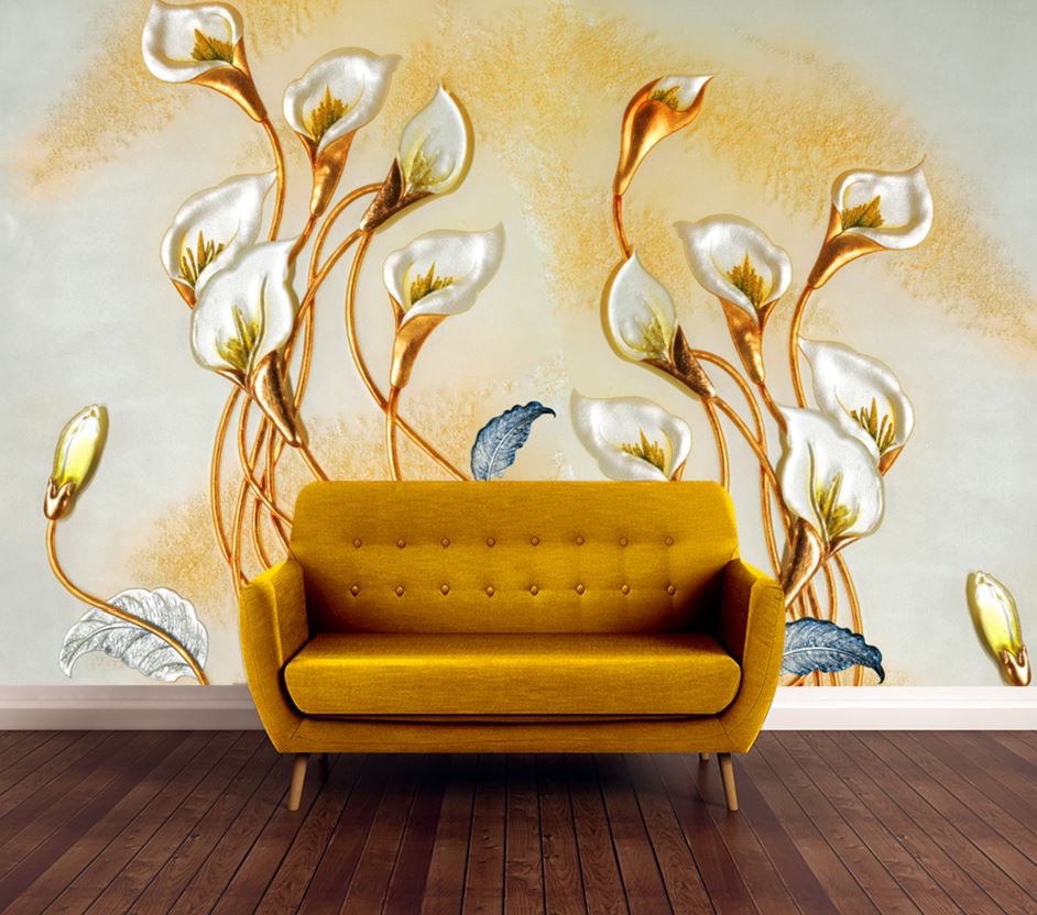 Wallpaper Murals Peel and Stick Removable Gold & White Floral Design High Quality