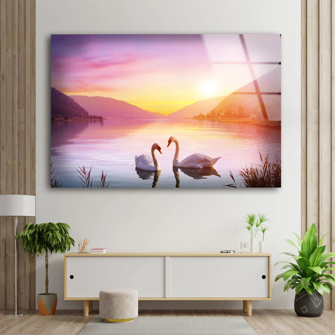 Swans on Lake Sunset Photograph Acrylic Glass Print Tempered Glass Wall Art 100% Made in Australia Ready to Hang