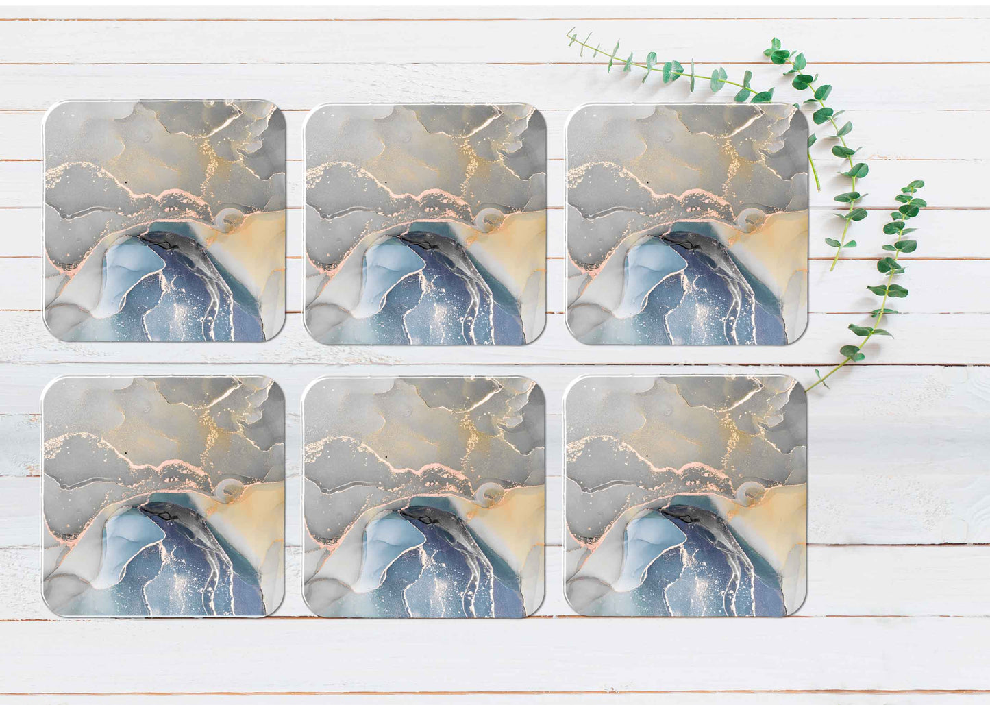 Grey Blue Gold Lines Abstract Design Coasters Wood & Rubber - Set of 6 Coasters