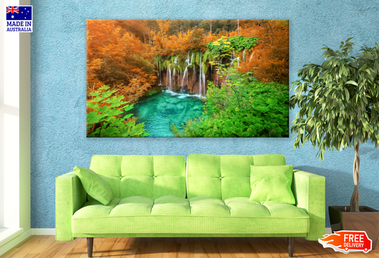 Waterfall Scenery with Yellow Tree Forest Print 100% Australian Made