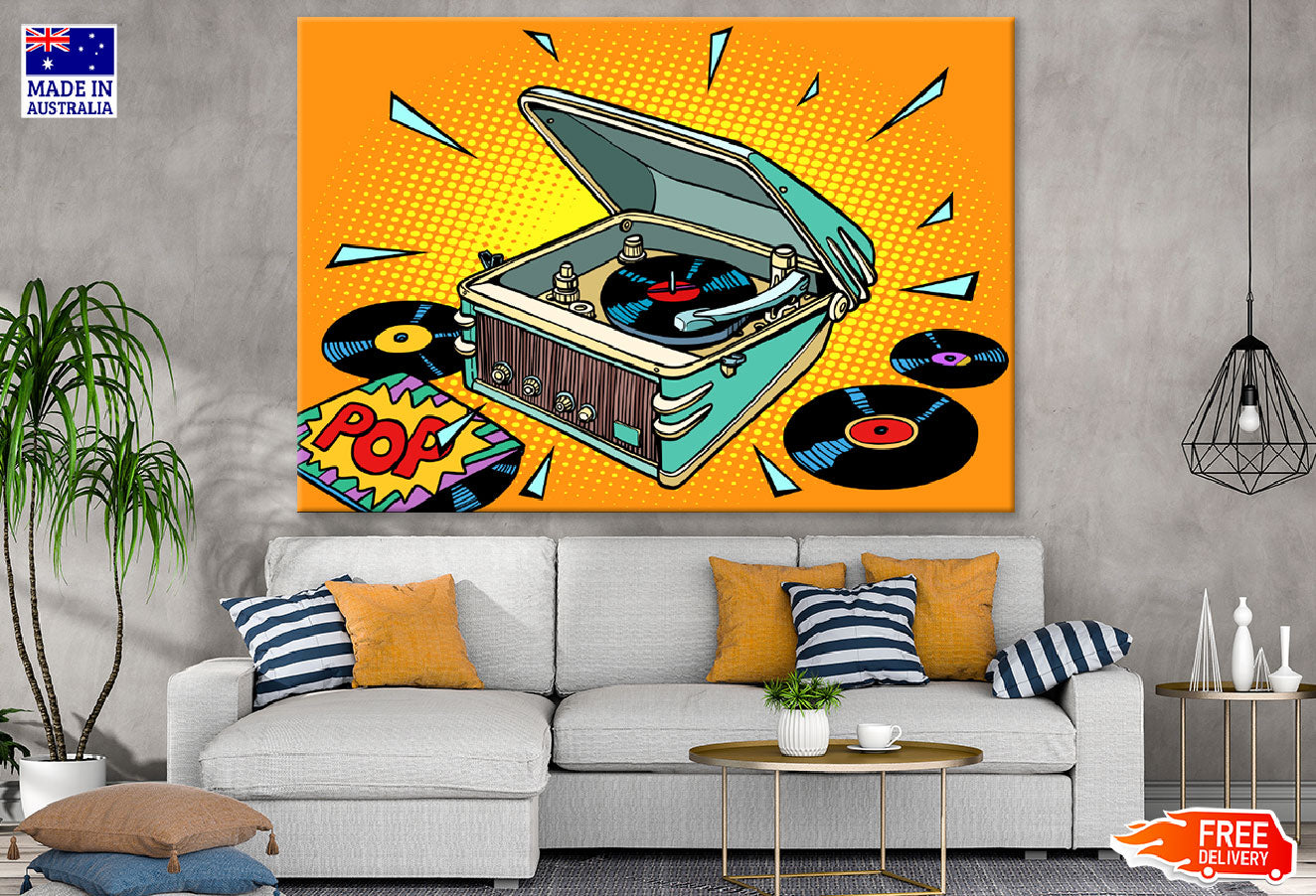 POP Gramophone & Disks Illustration Print 100% Australian Made