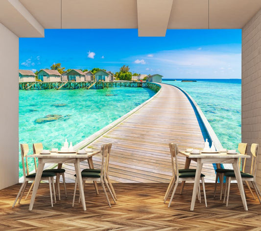 Wallpaper Murals Peel and Stick Removable Wooden Pier & Resort Over Beach High Quality