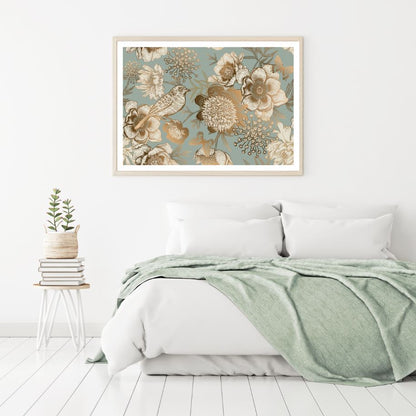 Bird & Flowers Gold Blue Design Home Decor Premium Quality Poster Print Choose Your Sizes