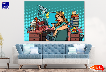 Busy Office Girl & Her Desk Illustration Print 100% Australian Made