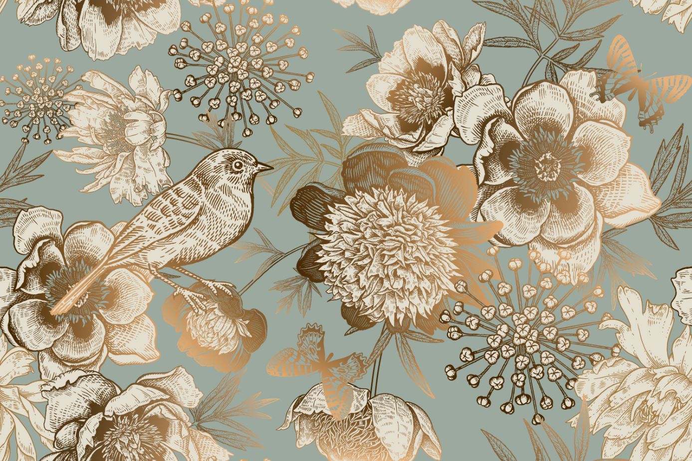 Bird & Flowers Gold Blue Design Home Decor Premium Quality Poster Print Choose Your Sizes