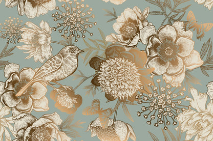 Bird & Flowers Gold Blue Design Home Decor Premium Quality Poster Print Choose Your Sizes