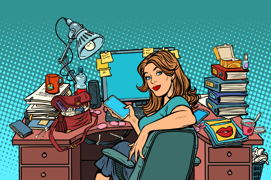 Busy Office Girl & Her Desk Illustration Print 100% Australian Made
