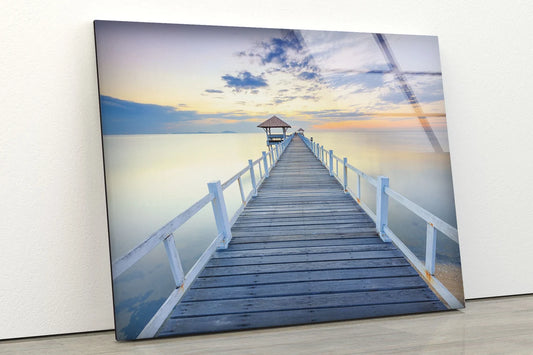 Wooden Pier Over Lake Sunset Photograph Acrylic Glass Print Tempered Glass Wall Art 100% Made in Australia Ready to Hang