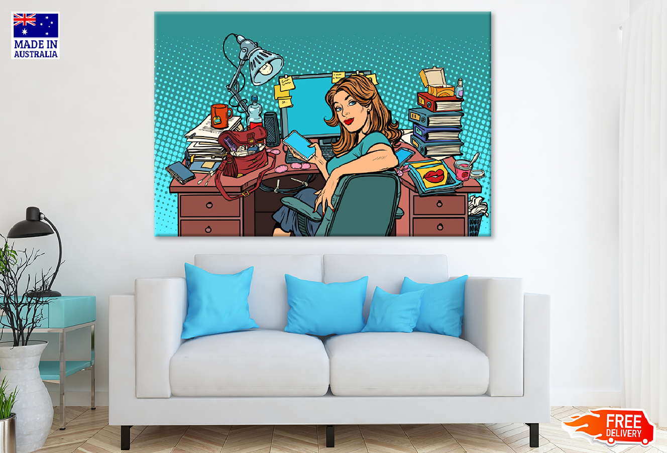 Busy Office Girl & Her Desk Illustration Print 100% Australian Made