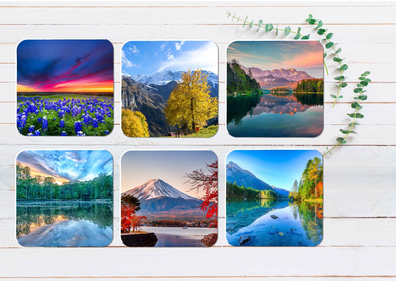 Mounatins Autumn Forest Lake Scenery Coasters Wood & Rubber - Set of 6 Coasters