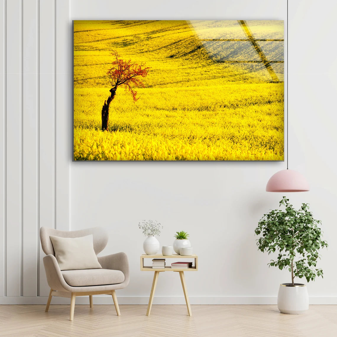 Tree on Yellow Flower Field Photograph Acrylic Glass Print Tempered Glass Wall Art 100% Made in Australia Ready to Hang