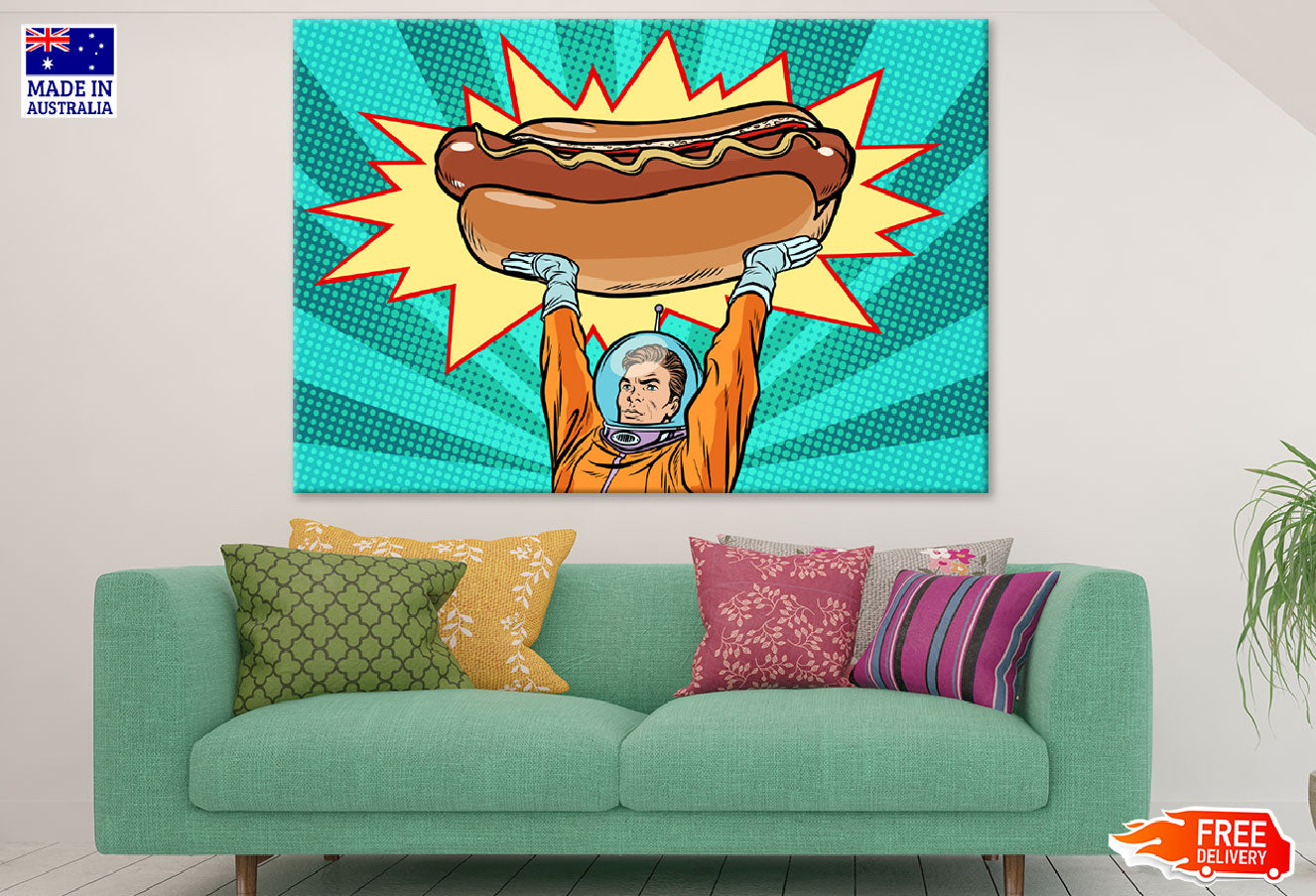Astronaut Lifting Huge Hot Dog Print 100% Australian Made
