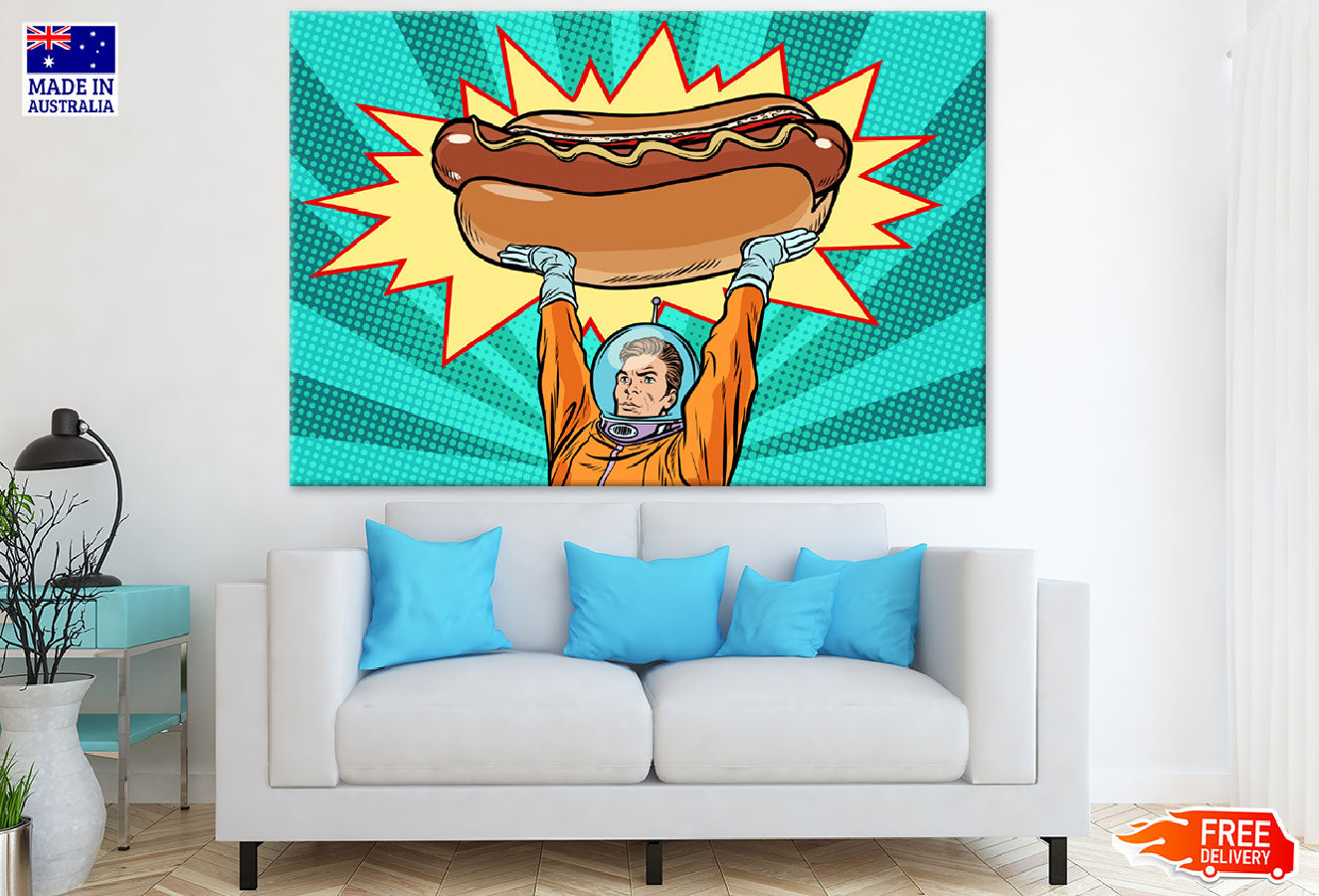 Astronaut Lifting Huge Hot Dog Print 100% Australian Made