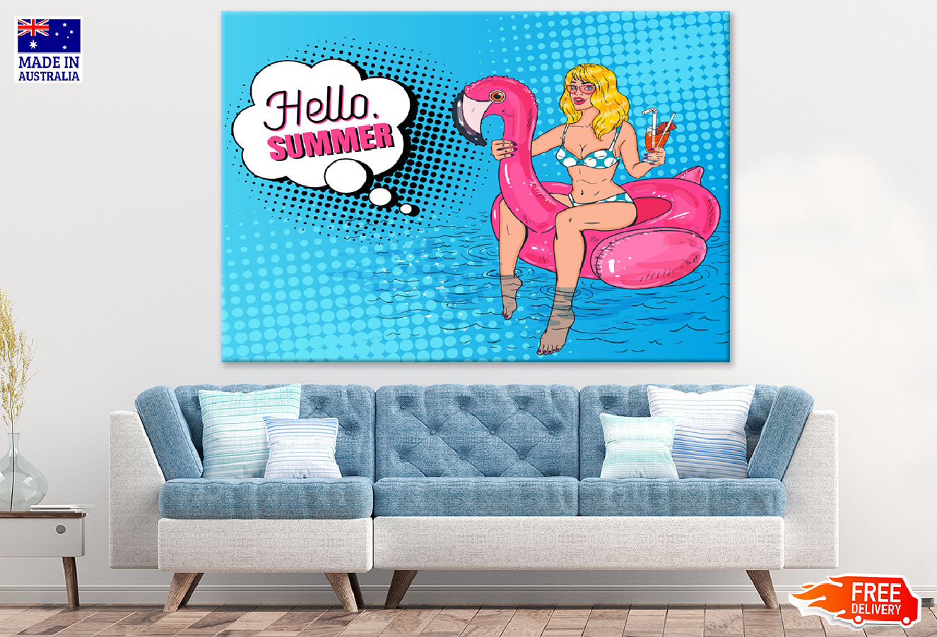 Hello Summer Quote & Girl on Flamingo Balloon Print 100% Australian Made