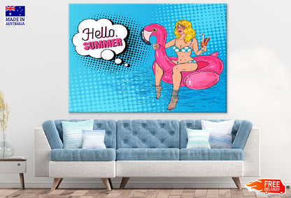 Hello Summer Quote & Girl on Flamingo Balloon Print 100% Australian Made