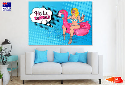 Hello Summer Quote & Girl on Flamingo Balloon Print 100% Australian Made