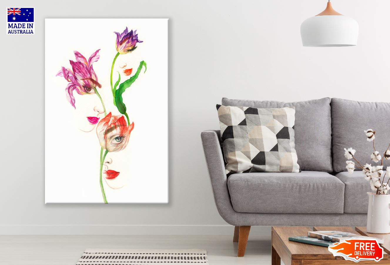 Woman Faces on Flowers Watercolor Painting Print 100% Australian Made