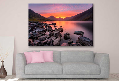 Bella Home Red Sky At Sunrise With Rocks On The Lake Print Canvas Ready to hang