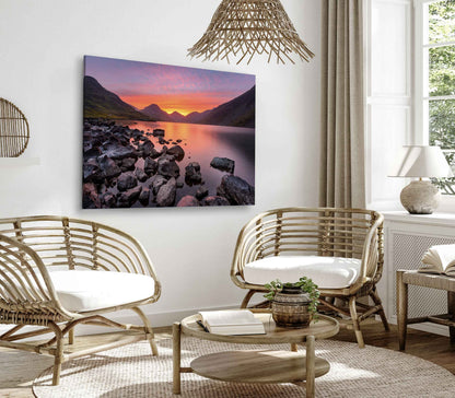 Bella Home Red Sky At Sunrise With Rocks On The Lake Print Canvas Ready to hang