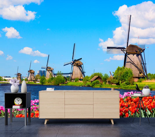 Wallpaper Murals Peel and Stick Removable Windmills Near Flower Field High Quality