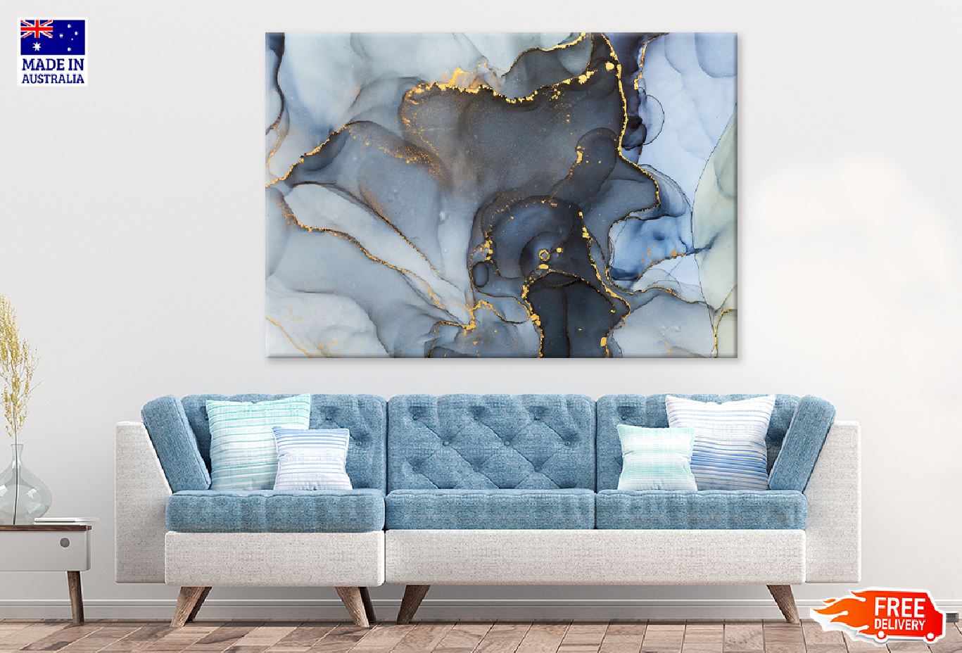 Blue Grey & Gold Fluid Abstract Design Print 100% Australian Made