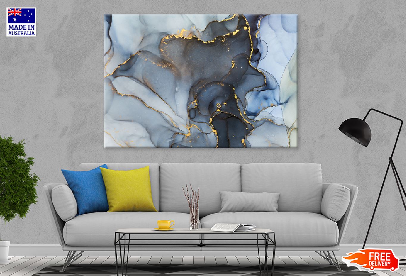 Blue Grey & Gold Fluid Abstract Design Print 100% Australian Made