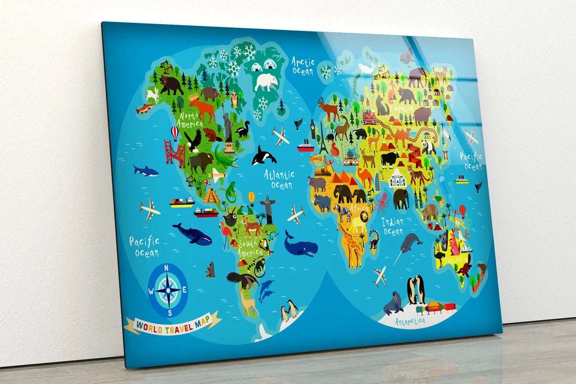 Colorful Kids World Map Vector Acrylic Glass Print Tempered Glass Wall Art 100% Made in Australia Ready to Hang