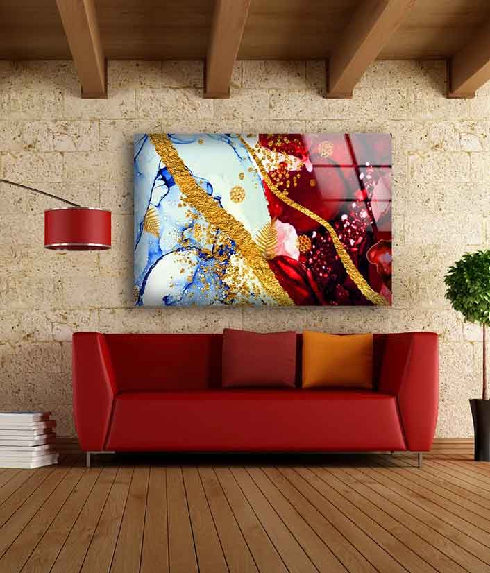 Red Gold & Blue Abstract Design Acrylic Glass Print Tempered Glass Wall Art 100% Made in Australia Ready to Hang