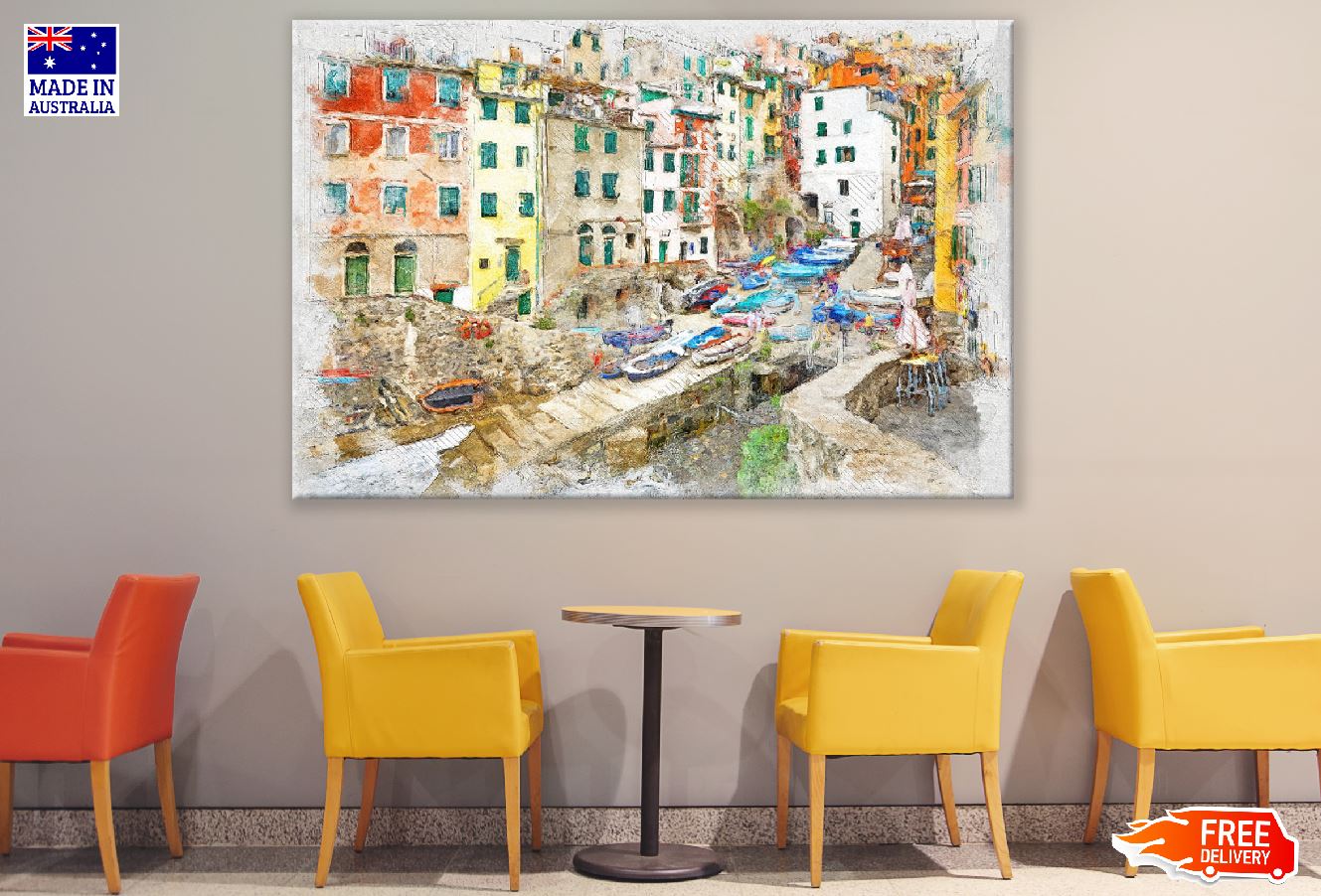 Boats on Canal Watercolor Painting Print 100% Australian Made