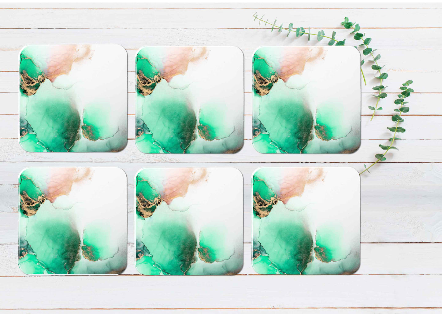 Green Grey & Gold Marble Abstract Coasters Wood & Rubber - Set of 6 Coasters