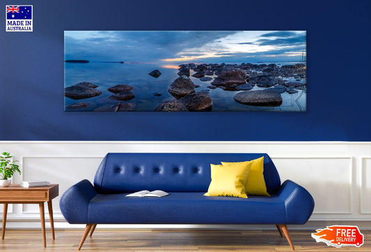 Panoramic Canvas Rocks on Sea Sunset View Photograph High Quality 100% Australian Made Wall Canvas Print Ready to Hang