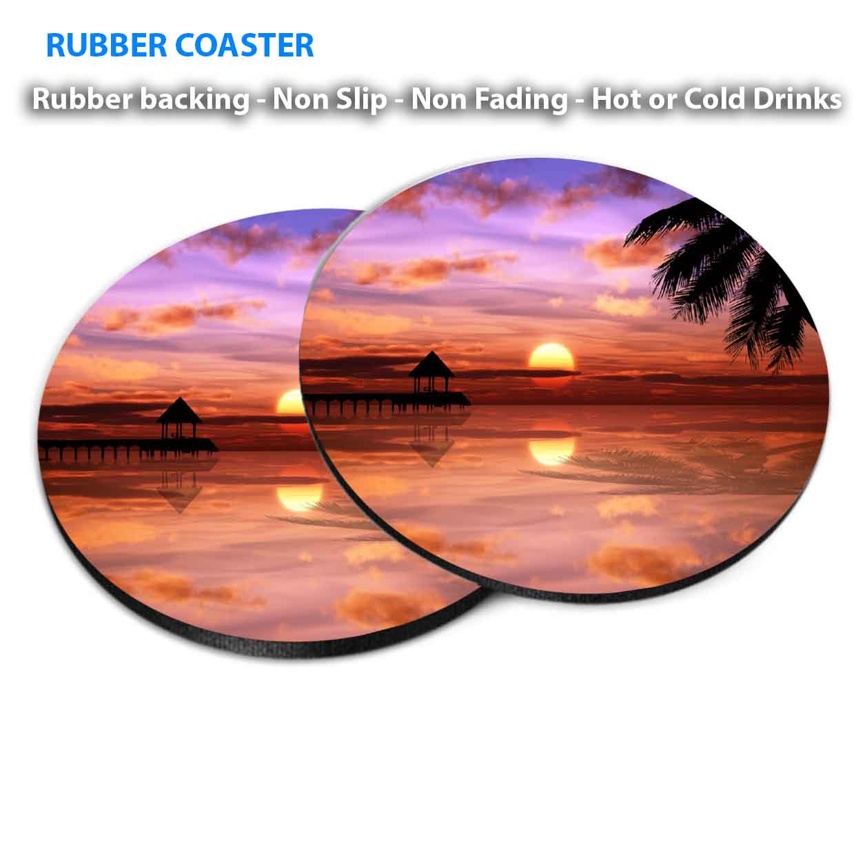 Pink Sunset & Lake with Palm Tree Coasters Wood & Rubber - Set of 6 Coasters