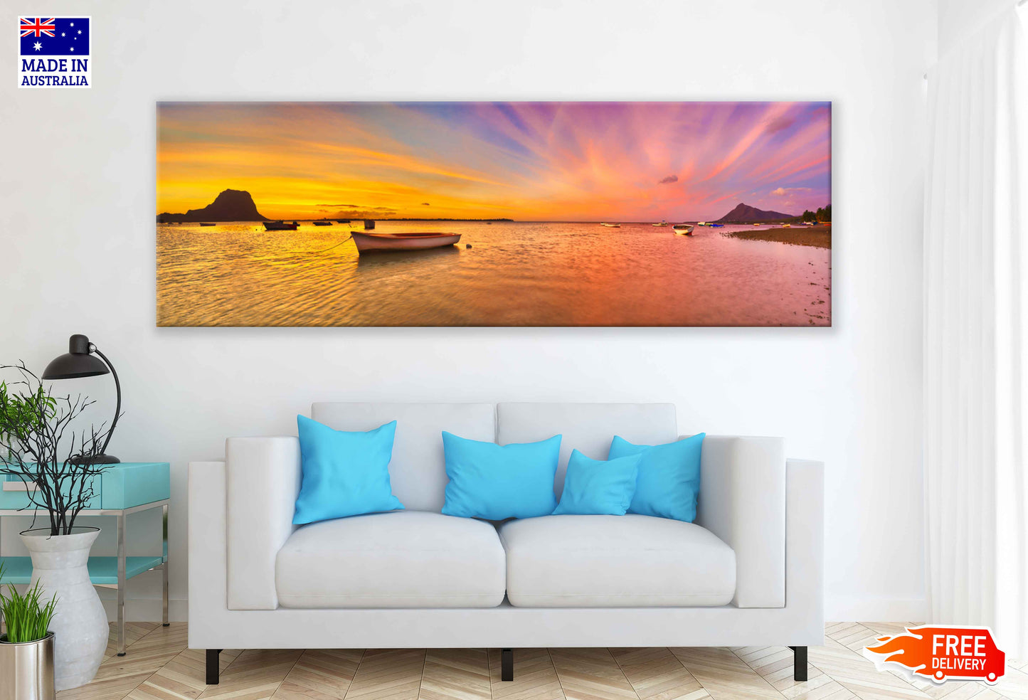 Panoramic Canvas Boat on Lake Sunset Photograph High Quality 100% Australian Made Wall Canvas Print Ready to Hang